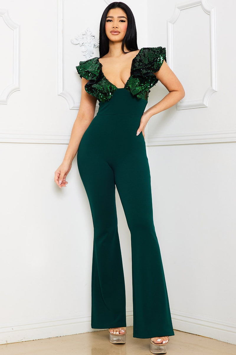 SEQUIN RUFFLE SLEEVE JUMPSUIT