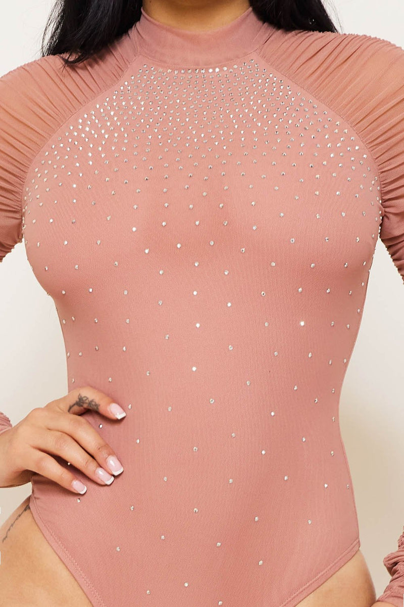 RHINESTONE WITH MESH PANELED BODYSUIT