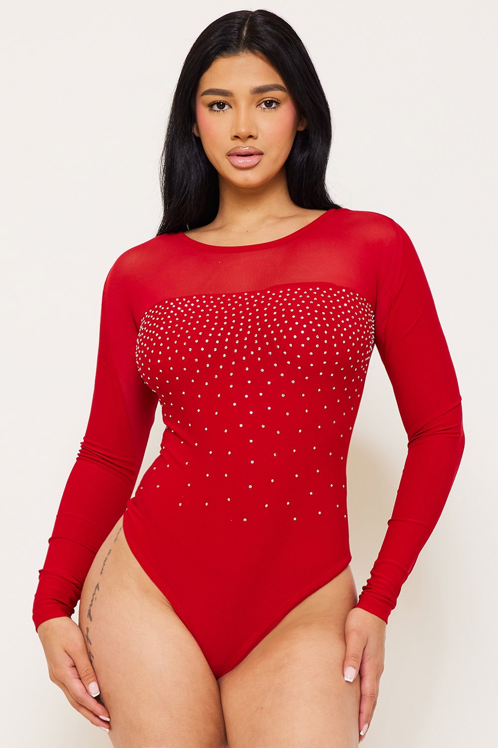 RHINESTONE WITH MESH PANELED BODYSUIT