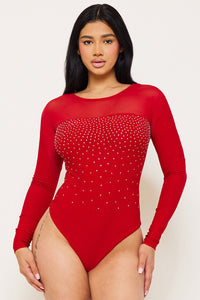 RHINESTONE WITH MESH PANELED BODYSUIT