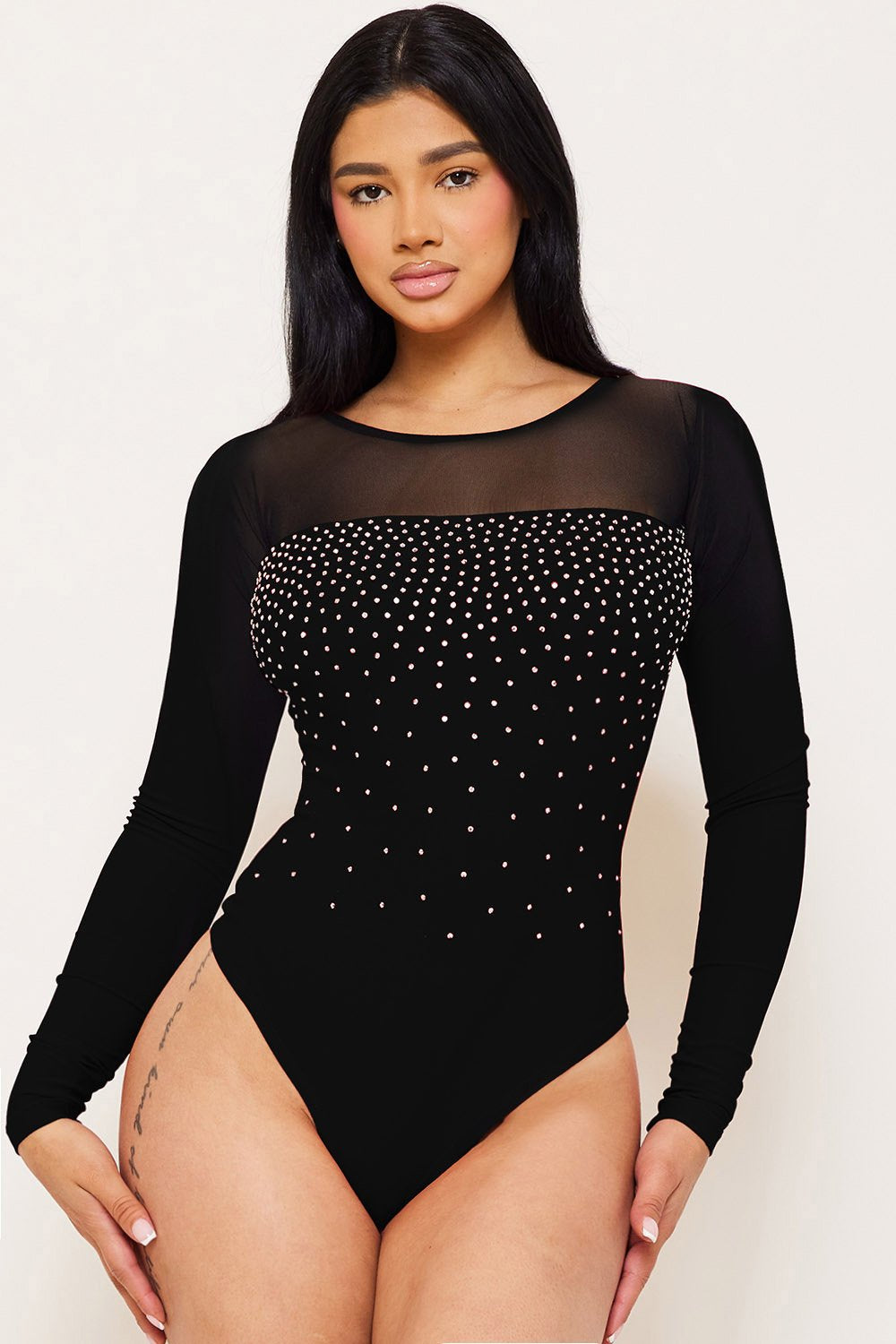 RHINESTONE WITH MESH PANELED BODYSUIT