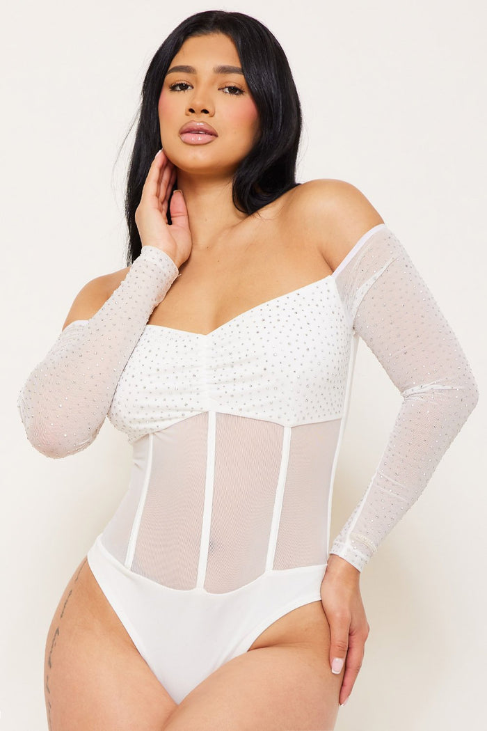 RHINESTONE OFF THE SHOULDER BODYSUIT