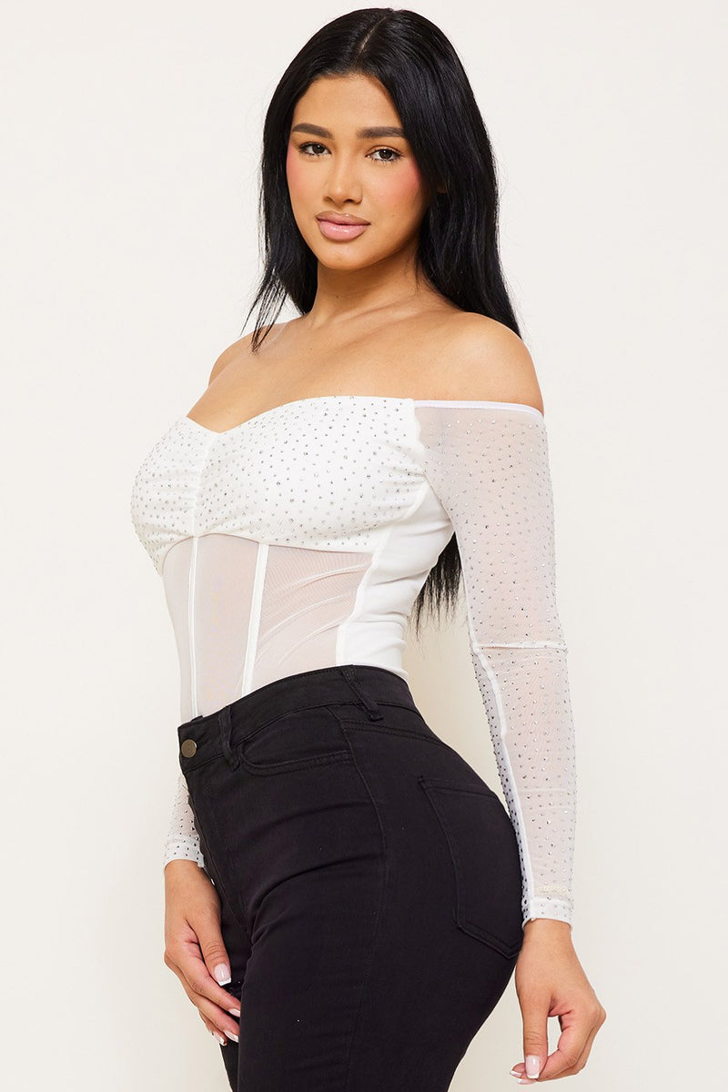 RHINESTONE OFF THE SHOULDER BODYSUIT