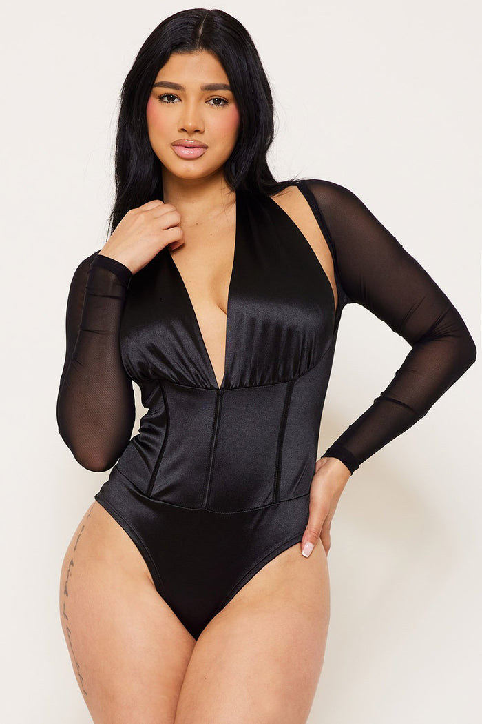 SATIN AND MESH PANELLED BODYSUIT