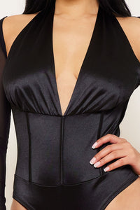 SATIN AND MESH PANELLED BODYSUIT