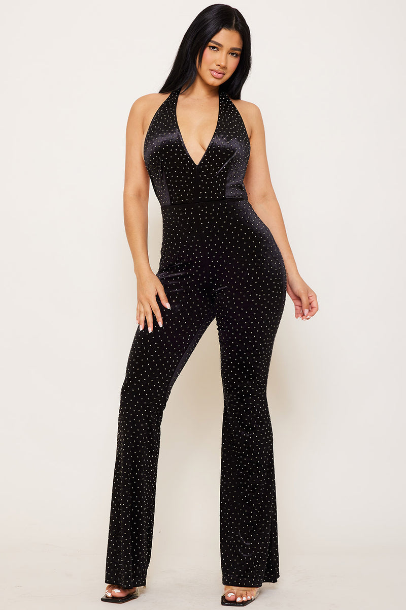 RHINESTONE SATIN HALTER NECK JUMPSUIT