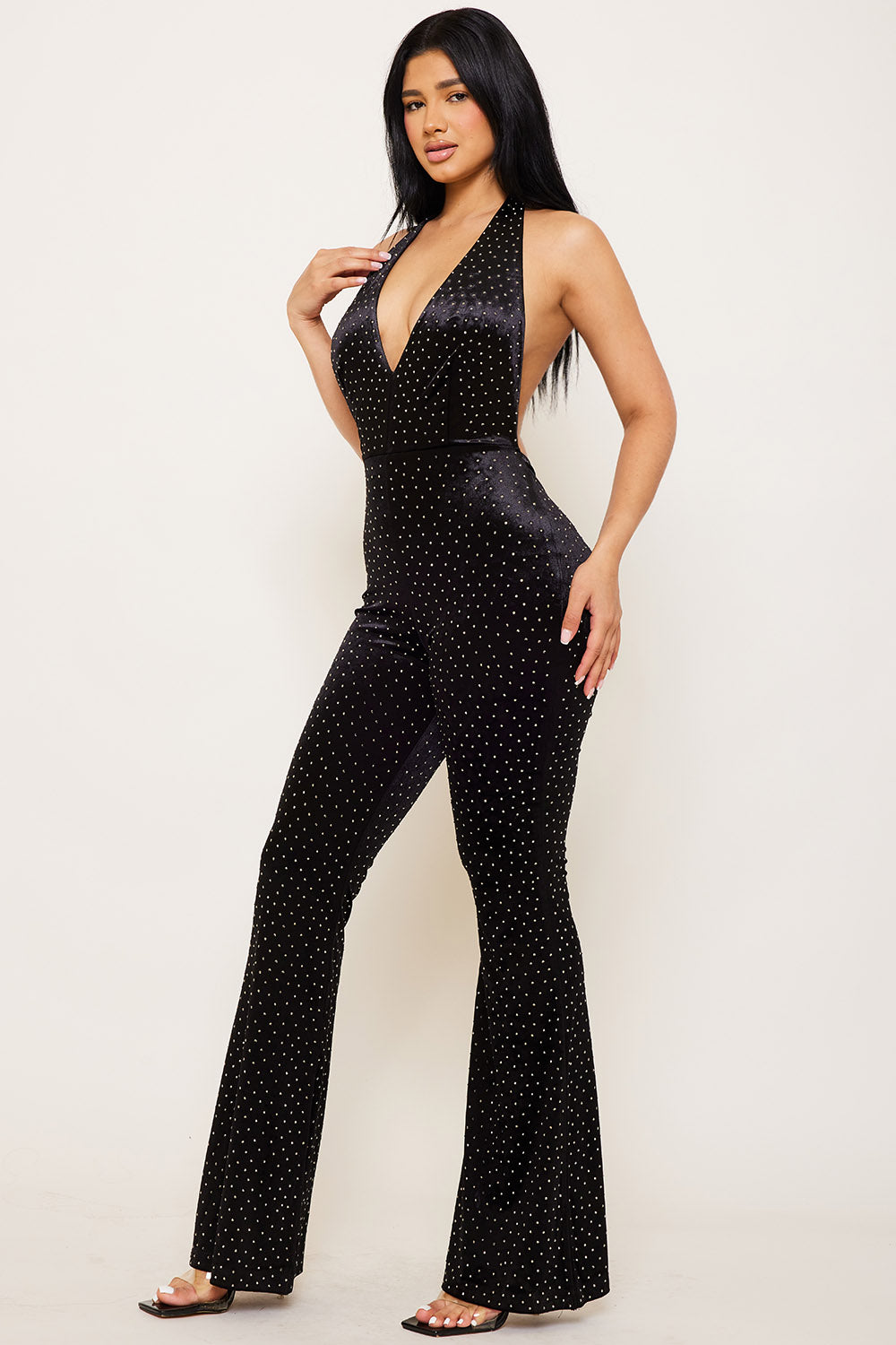 RHINESTONE SATIN HALTER NECK JUMPSUIT