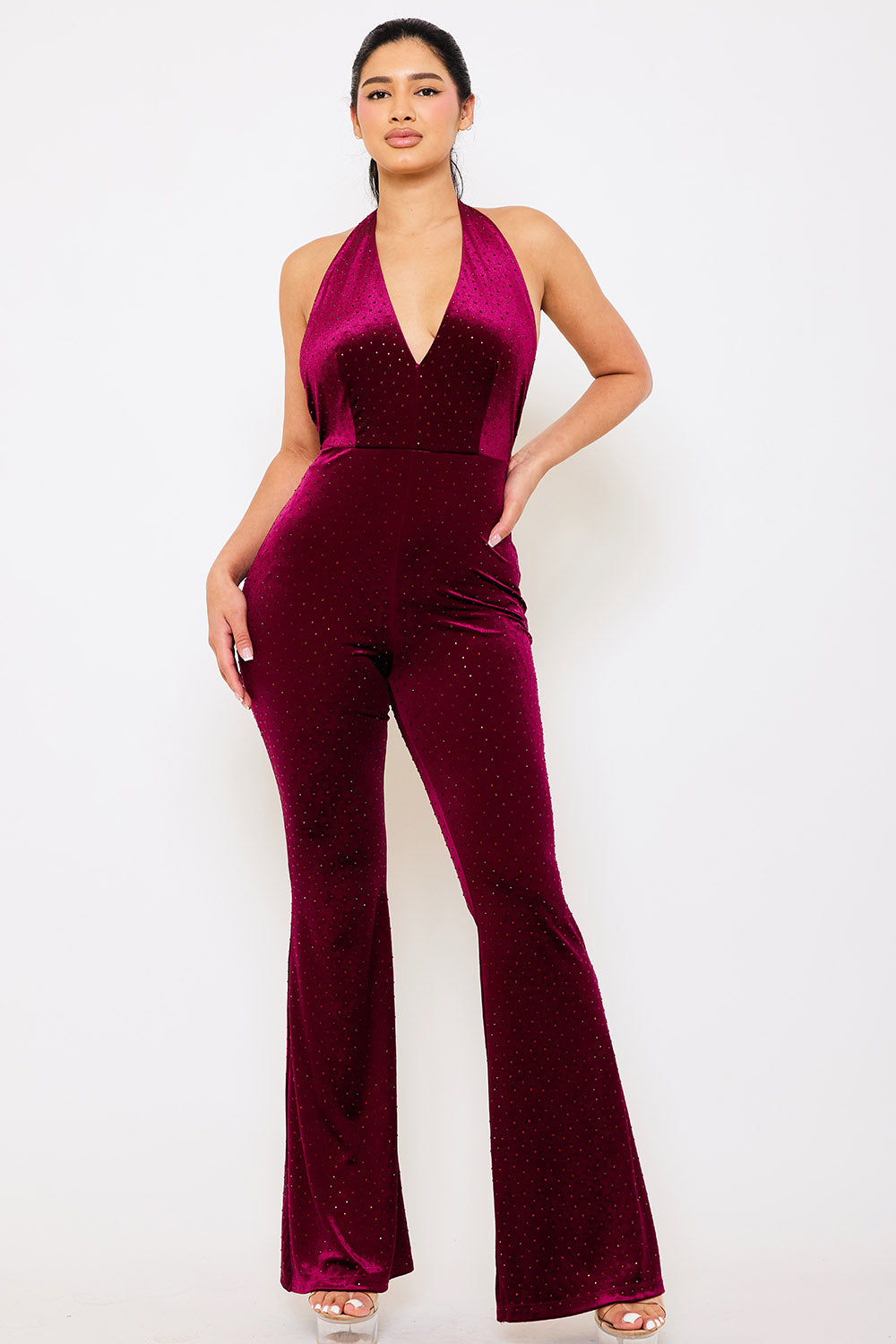 RHINESTONE SATIN HALTER NECK JUMPSUIT