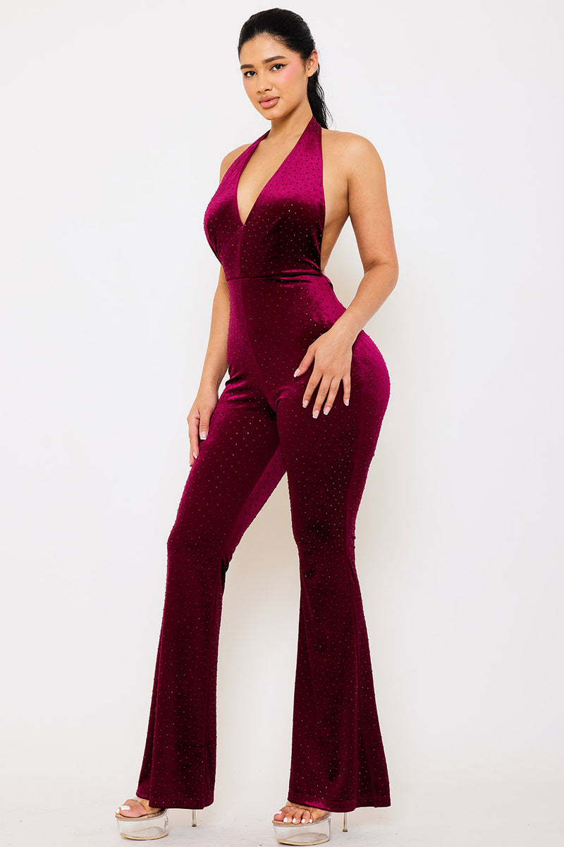 RHINESTONE SATIN HALTER NECK JUMPSUIT