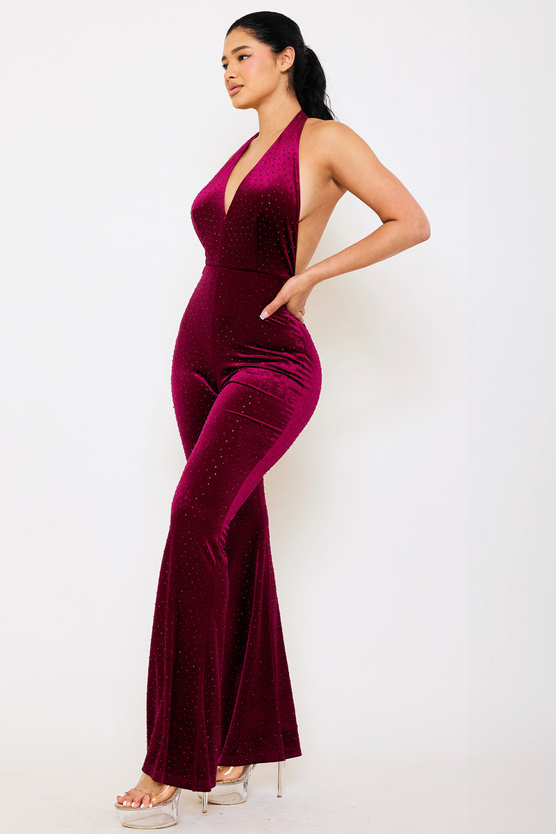 RHINESTONE SATIN HALTER NECK JUMPSUIT