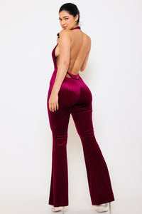 RHINESTONE SATIN HALTER NECK JUMPSUIT