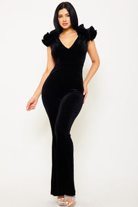 VELVET RUFFLE SHOULDER JUMPSUIT