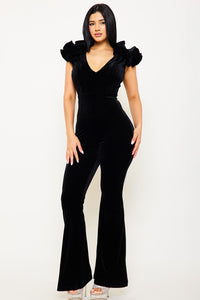 VELVET RUFFLE SHOULDER JUMPSUIT