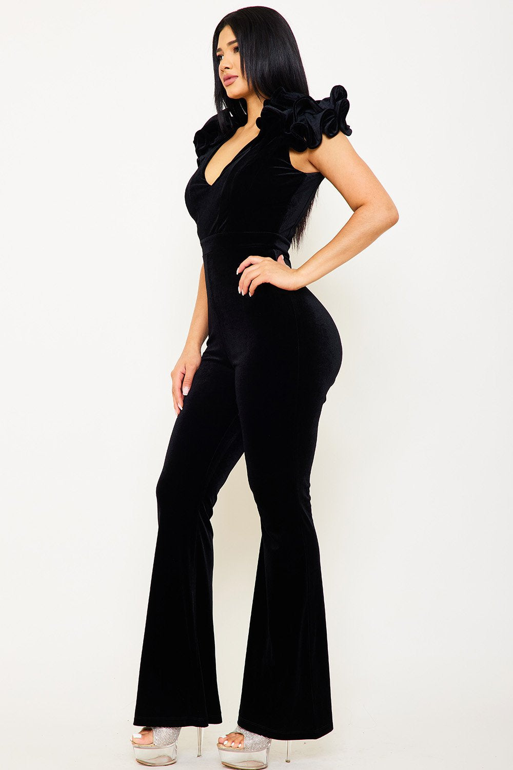 VELVET RUFFLE SHOULDER JUMPSUIT