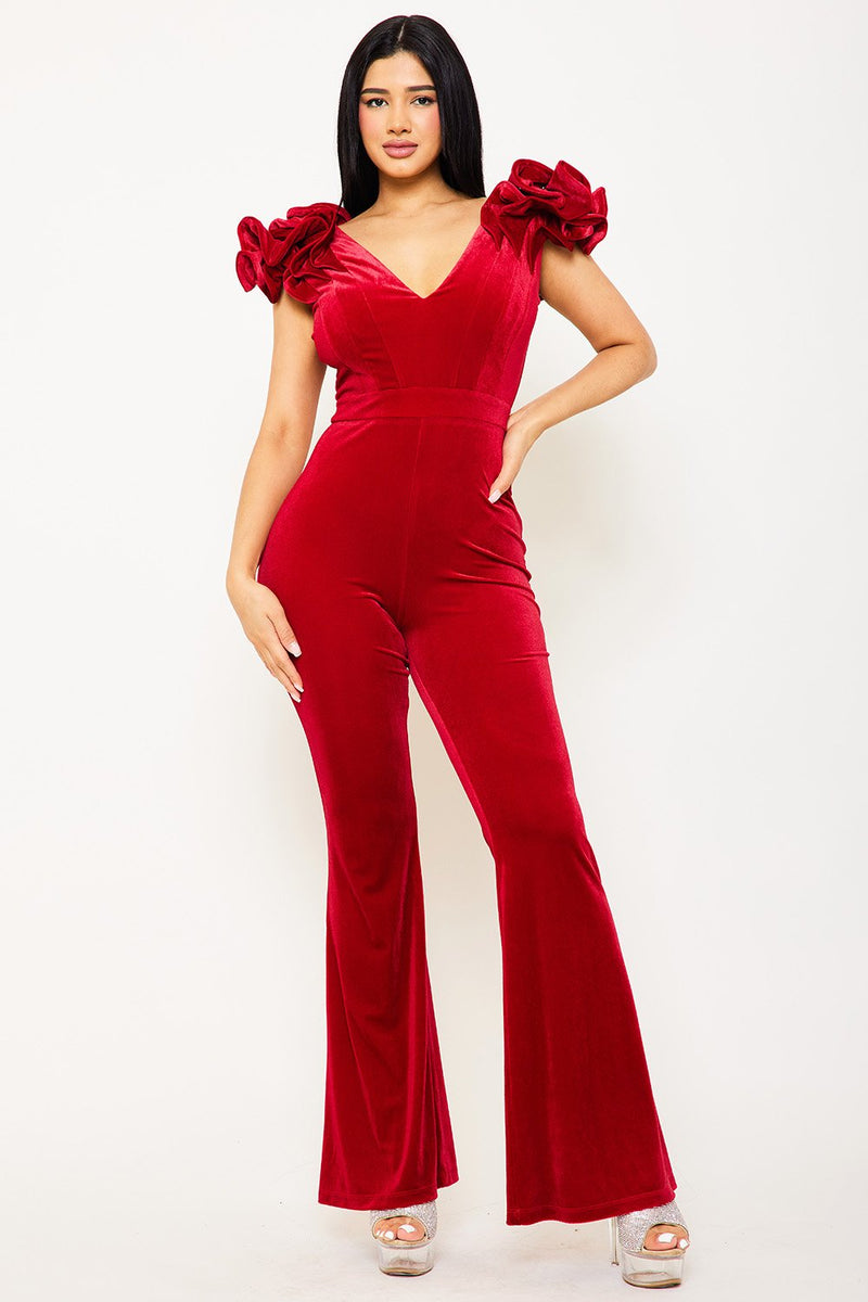 VELVET RUFFLE SHOULDER JUMPSUIT