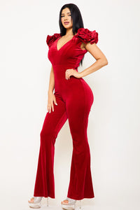 VELVET RUFFLE SHOULDER JUMPSUIT