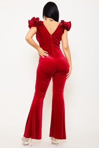 VELVET RUFFLE SHOULDER JUMPSUIT