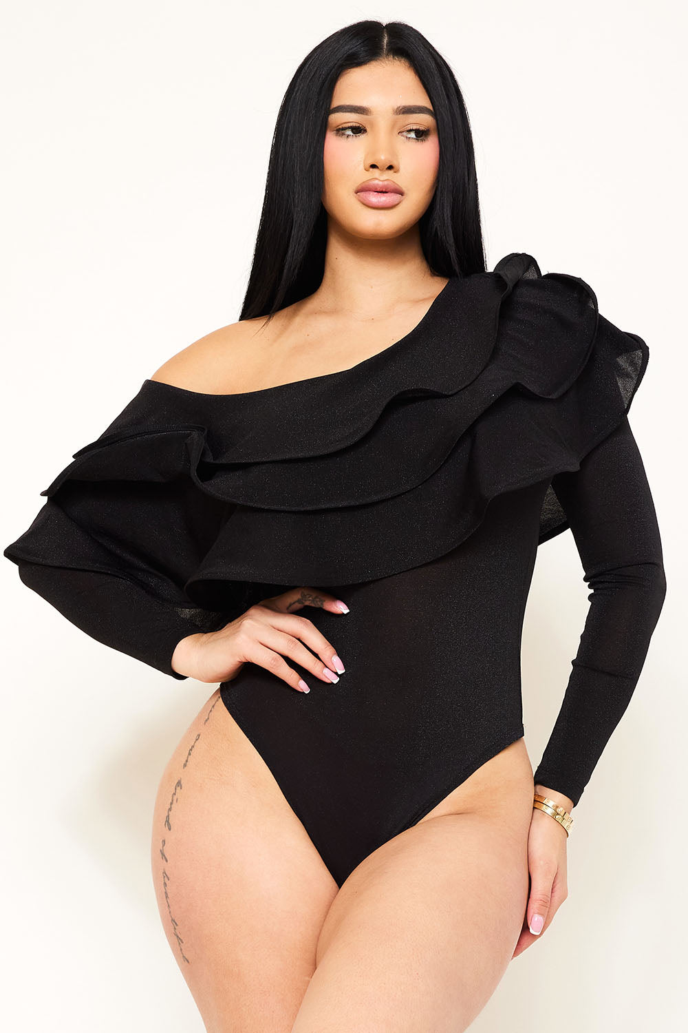 TRIPLE LAYER RUFFLE ONE SHOULDER BODYSUIT