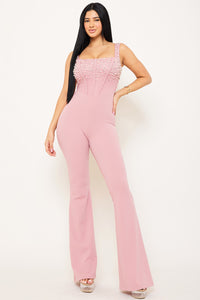 PEARL AND RHINESTONE ON WIRED BUST TOP JUMPSUIT