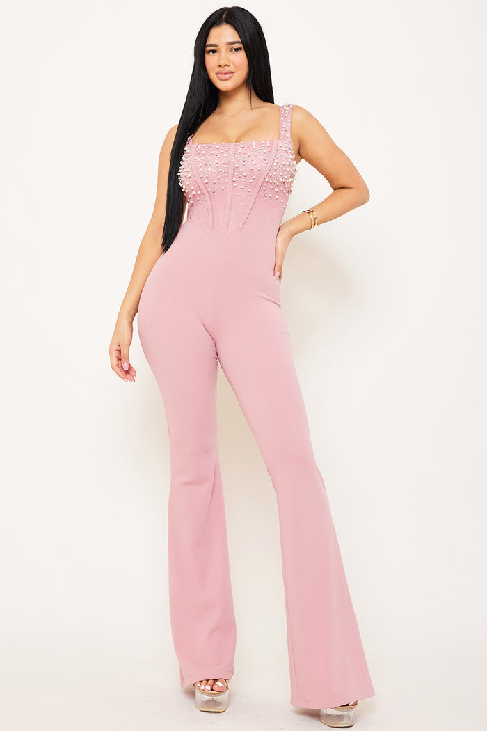 PEARL AND RHINESTONE ON WIRED BUST TOP JUMPSUIT