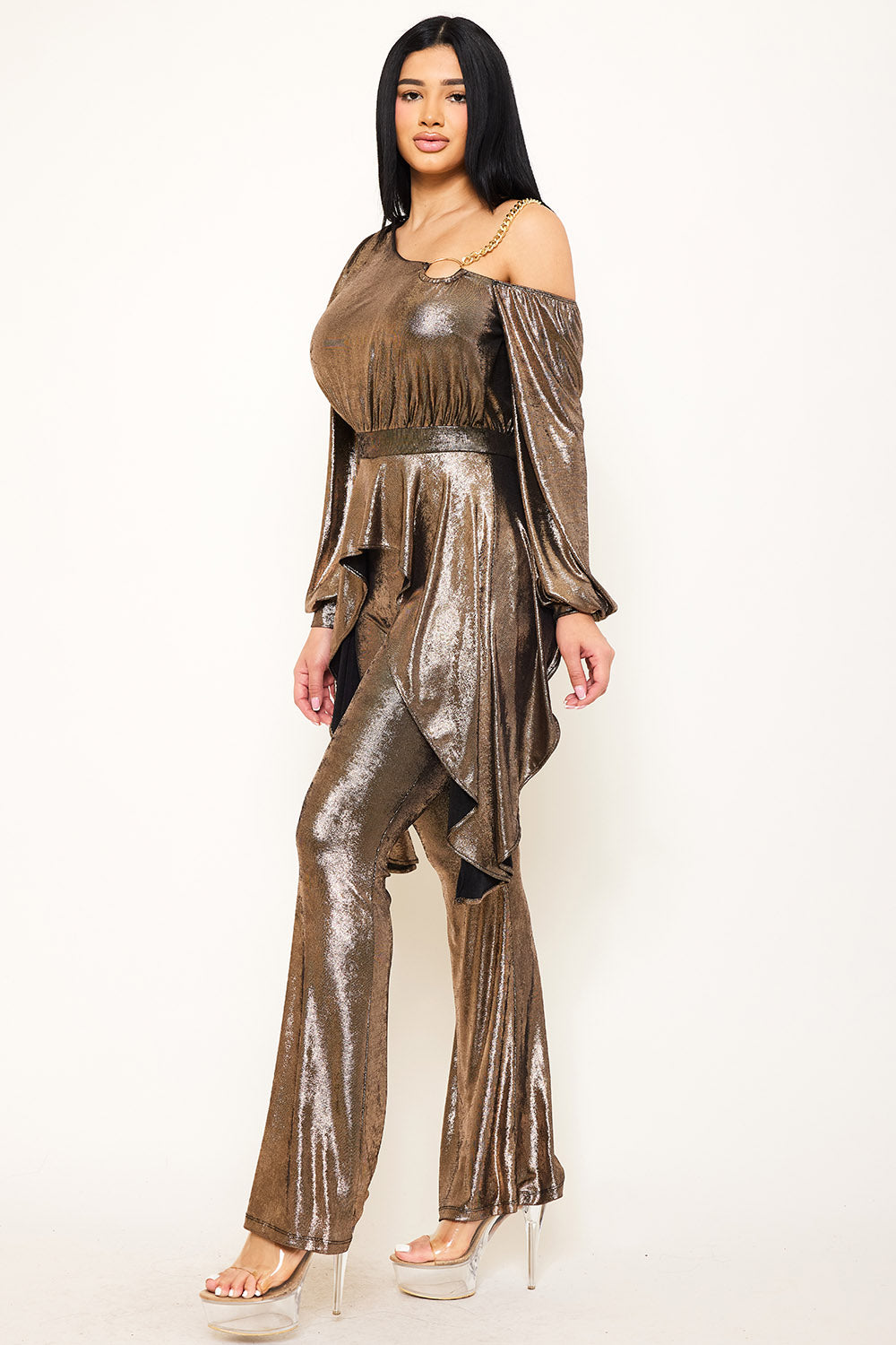 SLINKY FOIL ONE SHOULDER WITH GOLD CHAIN JUMPSUIT