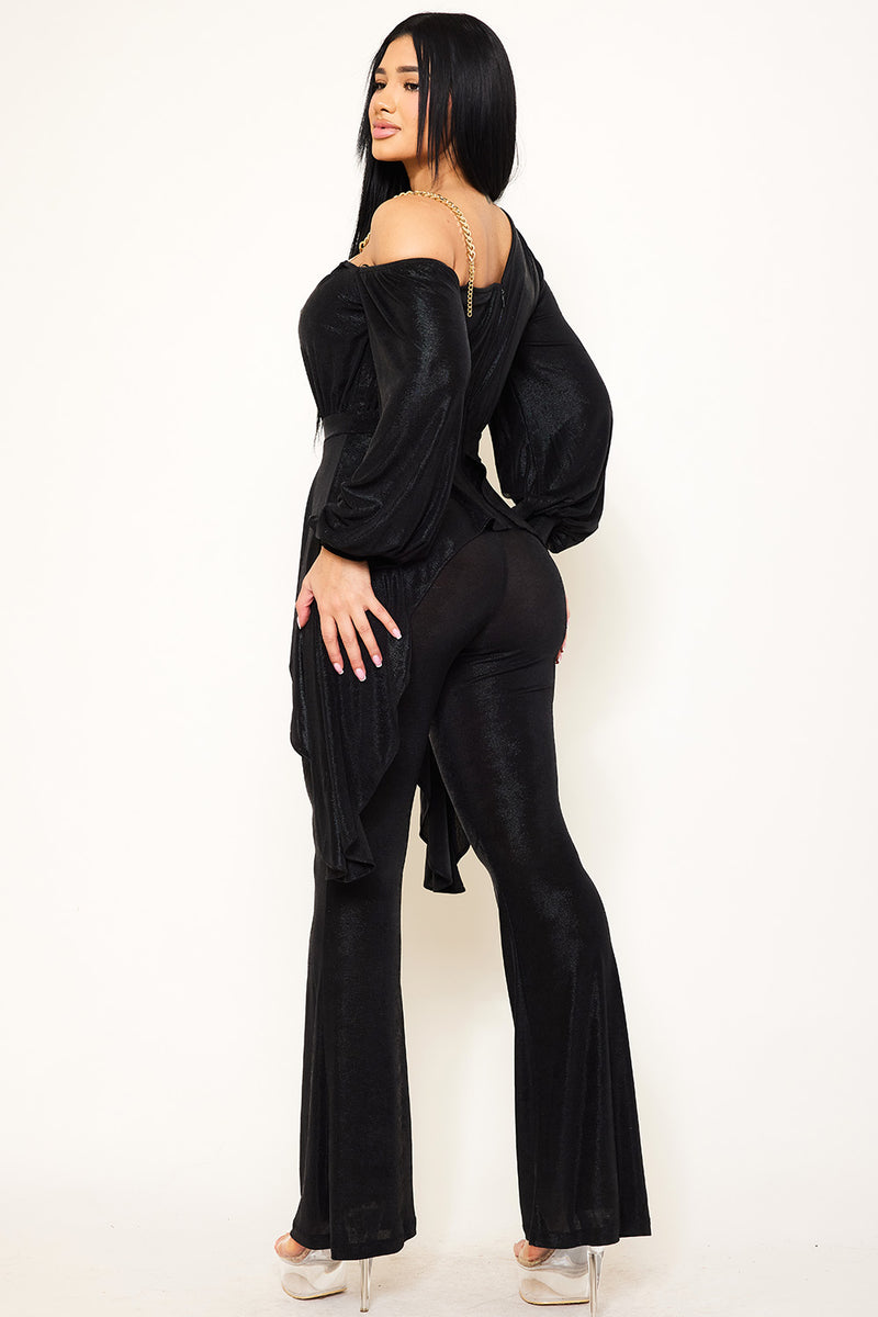 SLINKY FOIL ONE SHOULDER WITH GOLD CHAIN JUMPSUIT