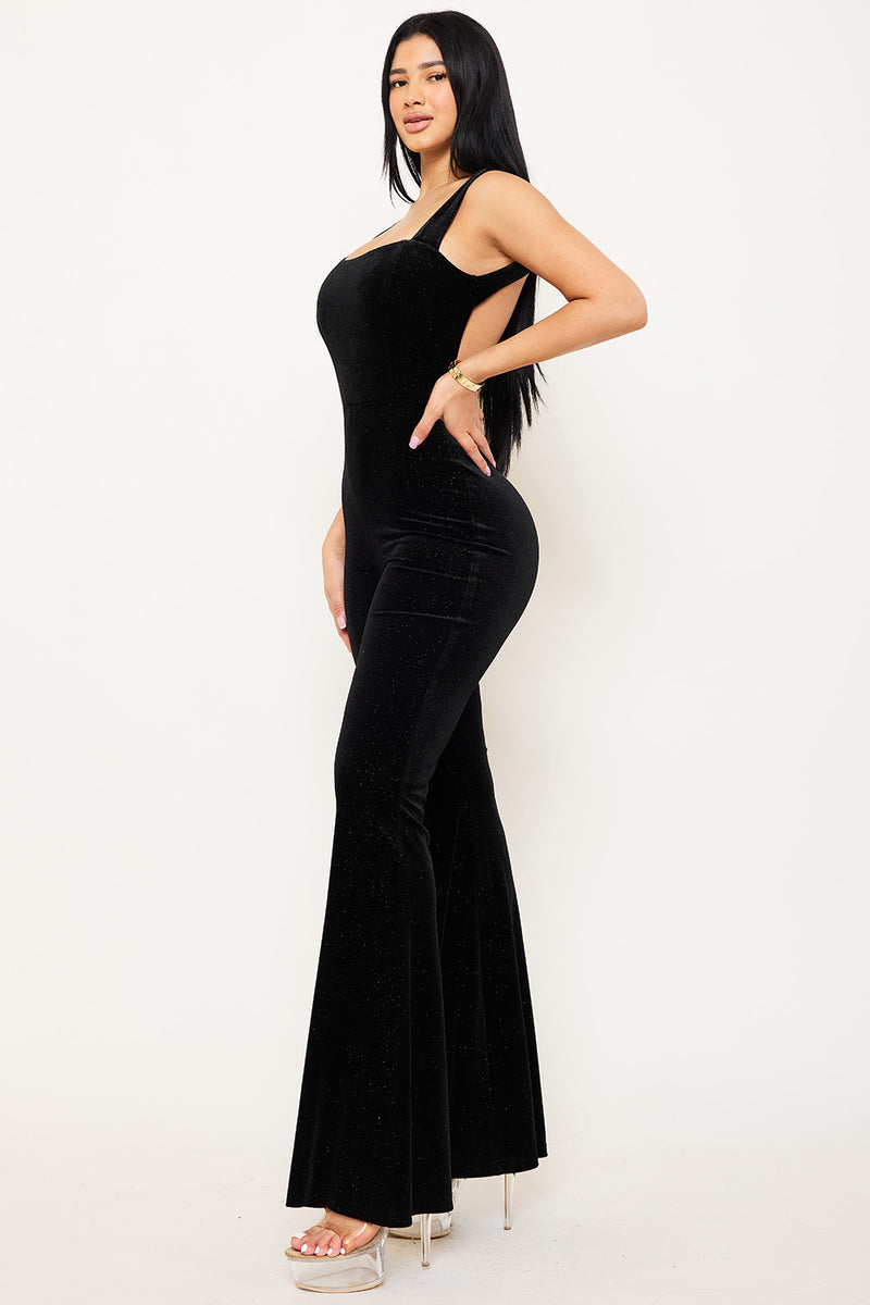 GLITTER VELVET OPEN BACK JUMPSUIT