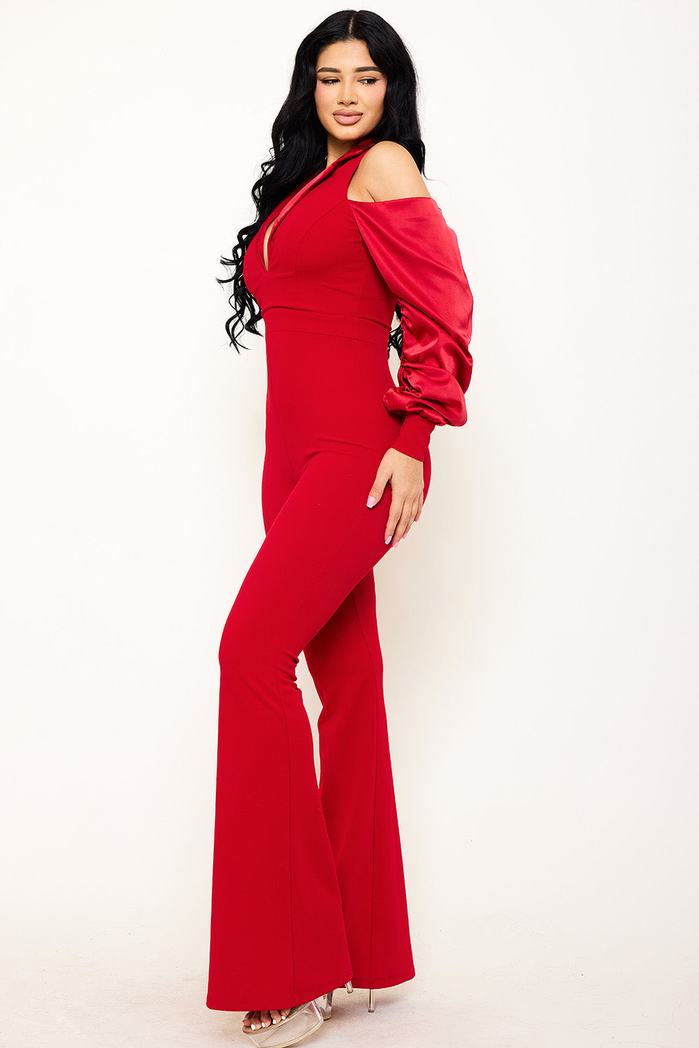 SATIN OPEN SLEEVE COLLAR JUMPSUITS