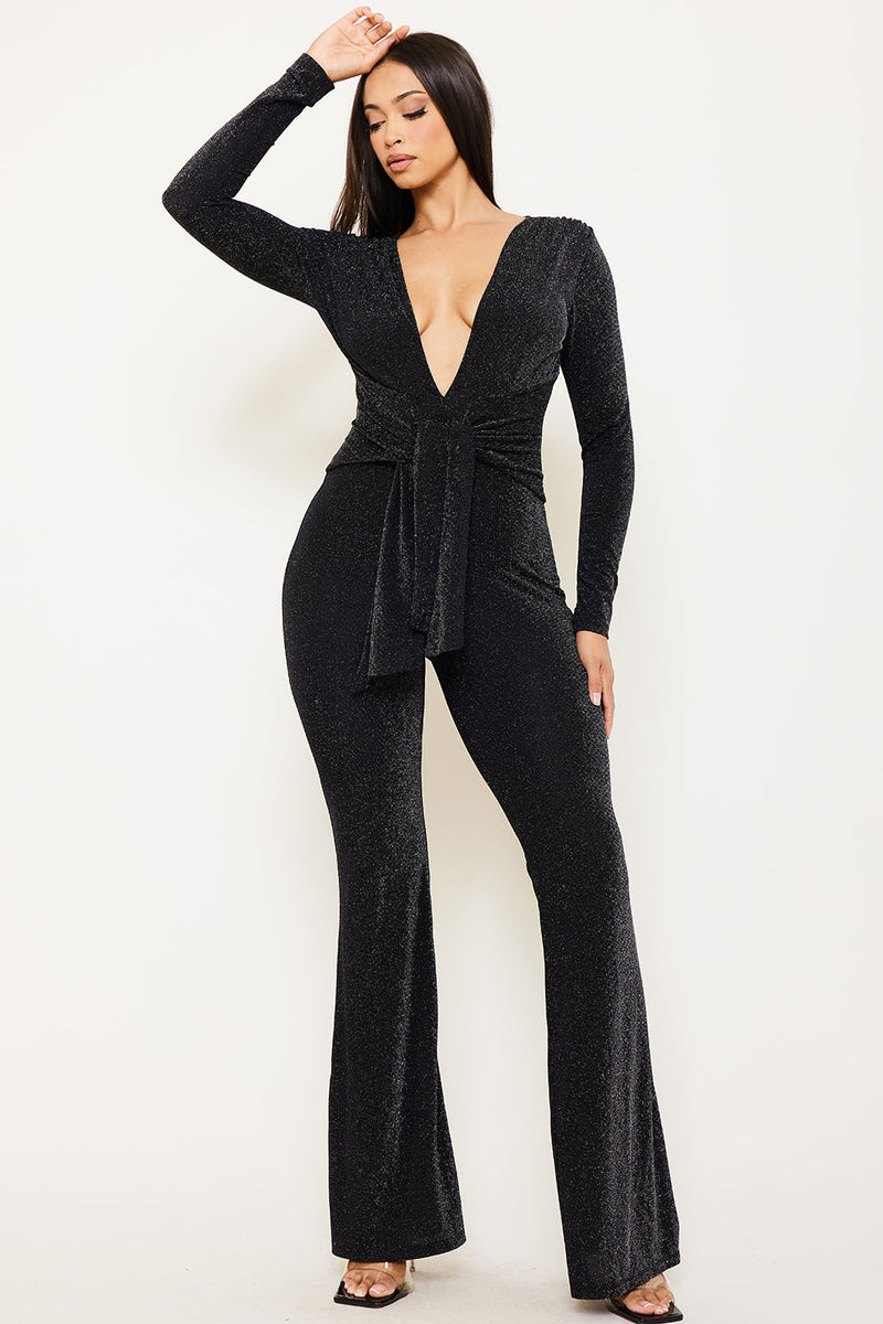 KNIT METALLIC TWIST WAIST JUMPSUIT