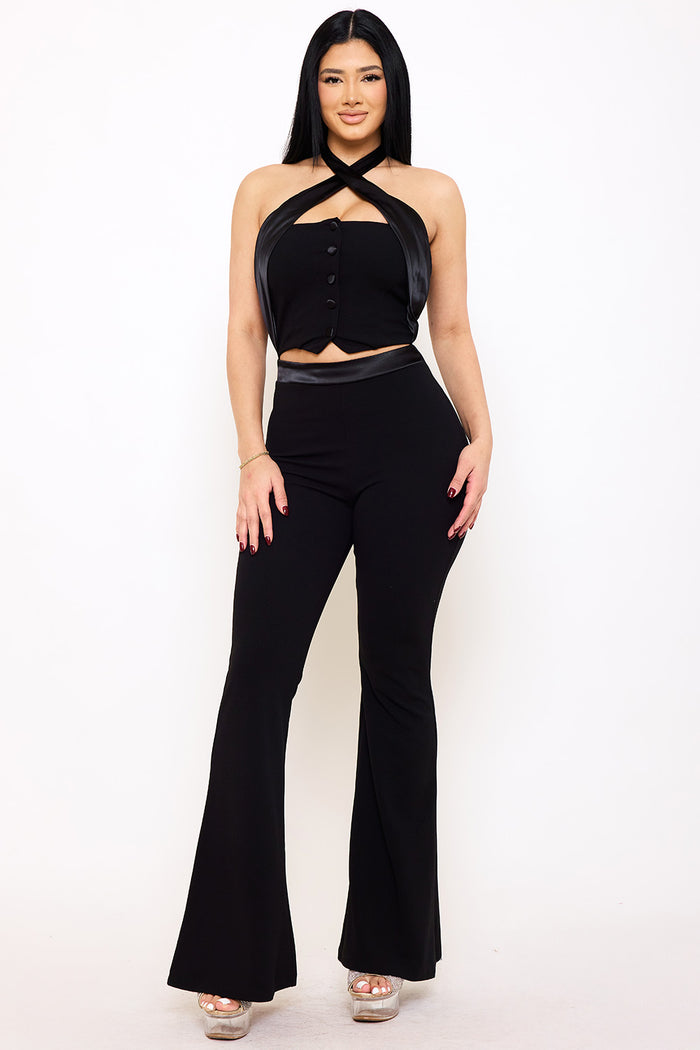 PLEATED HALTER NECK JUMPSUIT