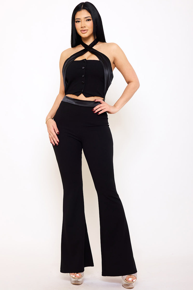 PLEATED HALTER NECK JUMPSUIT