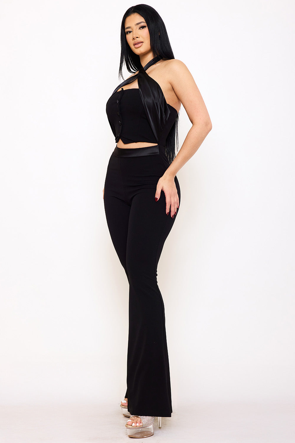 PLEATED HALTER NECK JUMPSUIT