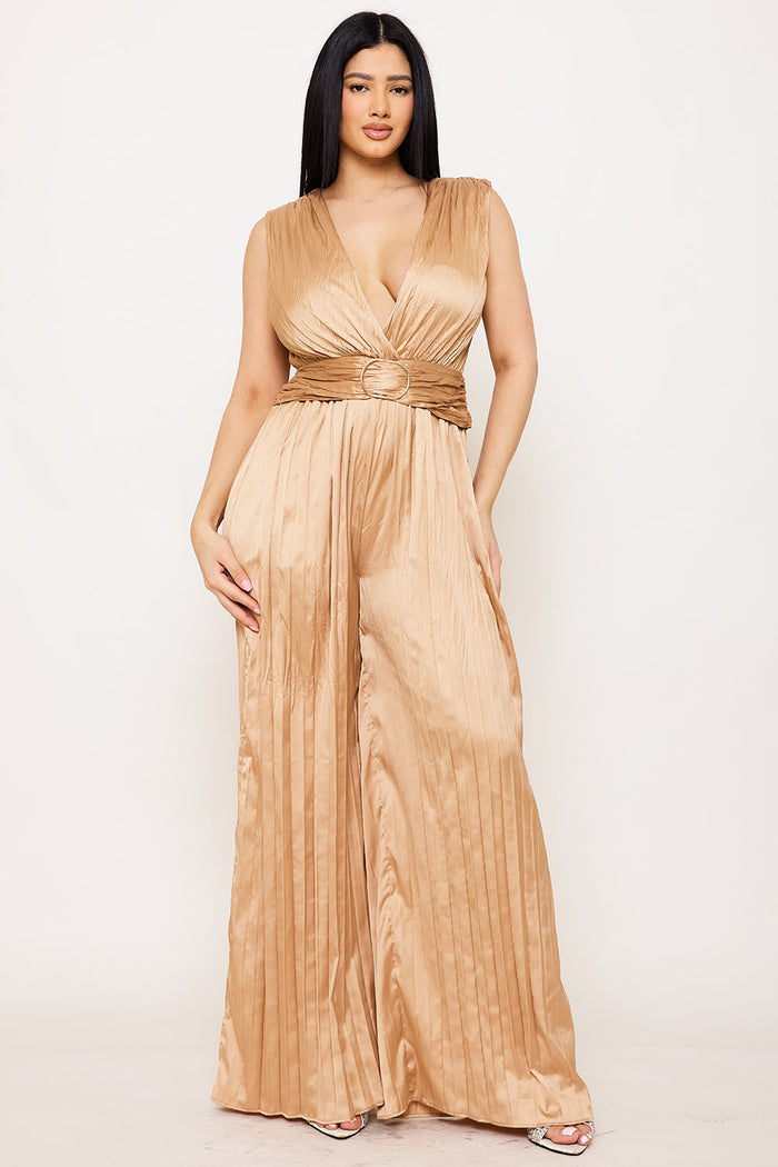 WOVEN SATIN PLEATED JUMPSUIT