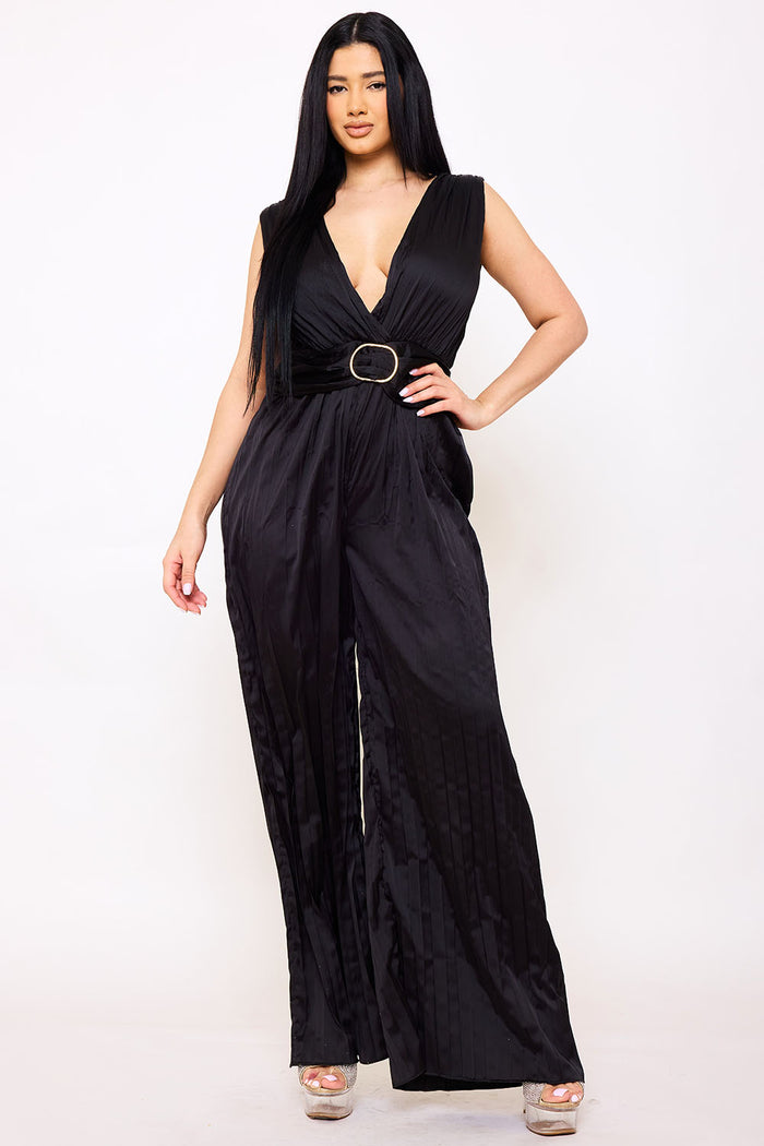 WOVEN SATIN PLEATED JUMPSUIT