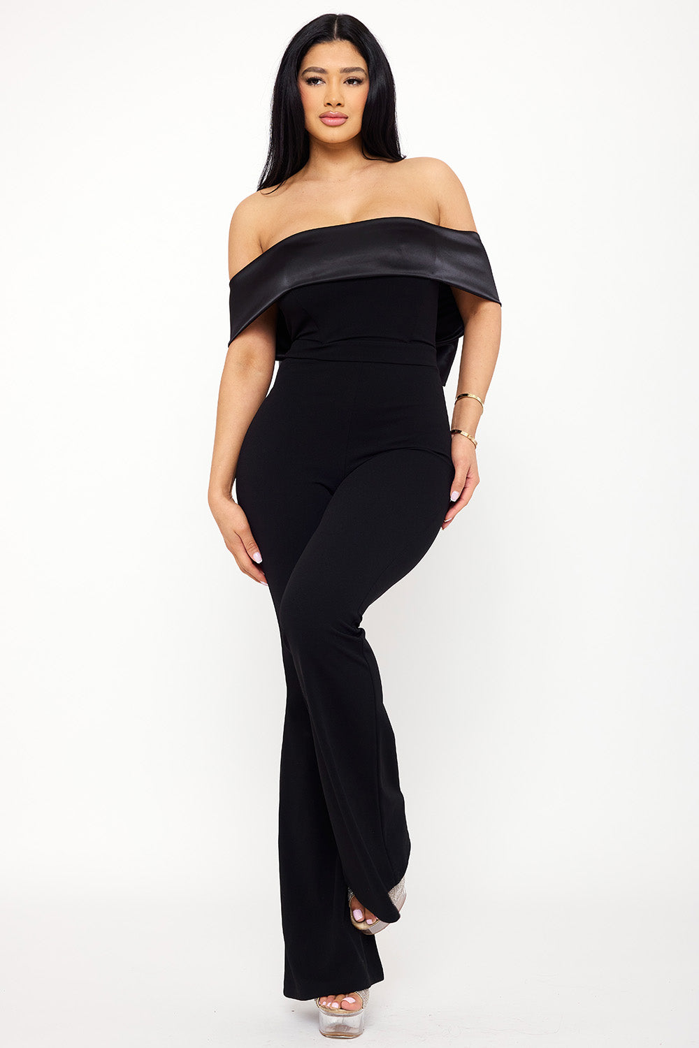SATIN AND TECHNO CREPE CONTAST JUMPSUIT