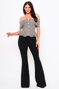 TWEED OFF THE SHOULDER PEPLUM TOP JUMPSUIT