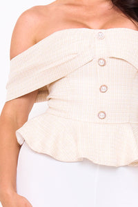 TWEED OFF THE SHOULDER PEPLUM TOP JUMPSUIT