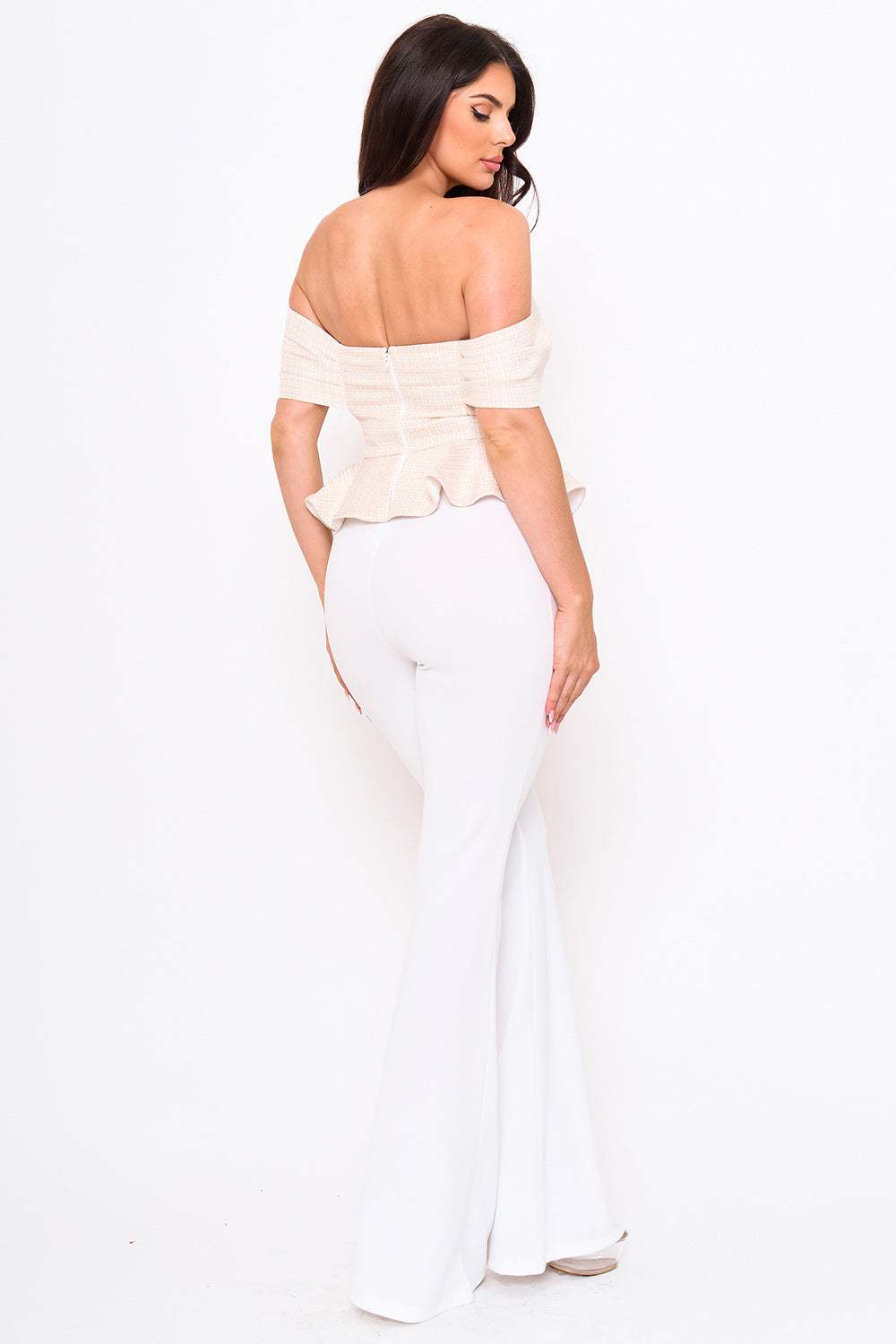 TWEED OFF THE SHOULDER PEPLUM TOP JUMPSUIT