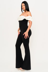 SATIN AND TECHNO CREPE FABRIC CONTRAST JUMPSUIT