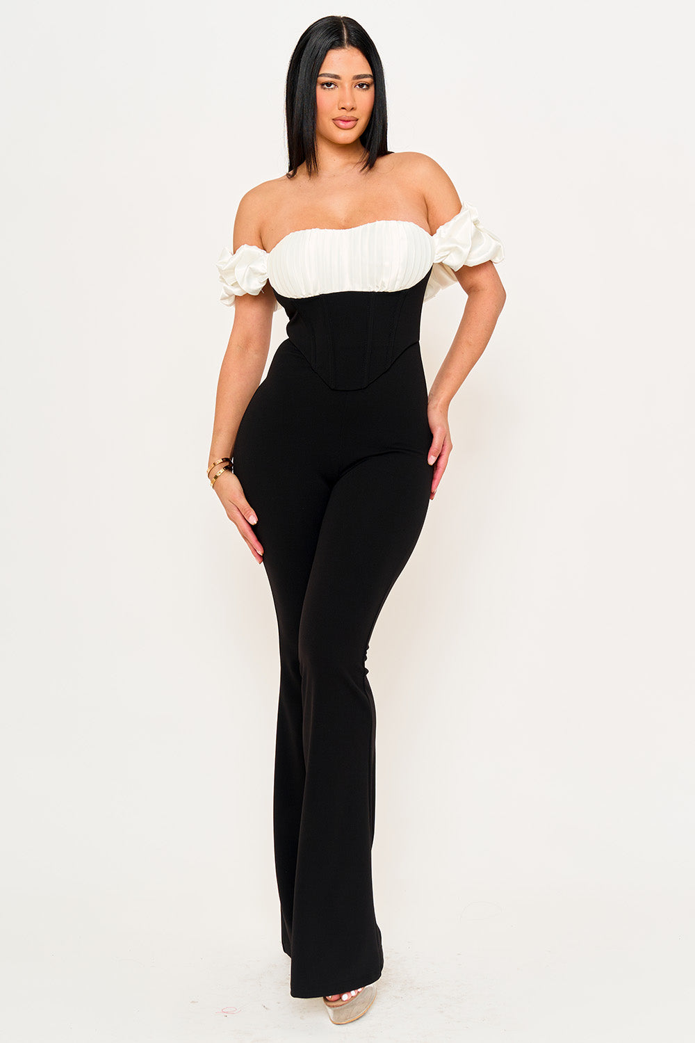 SATIN AND TECHNO CREPE FABRIC CONTRAST JUMPSUIT