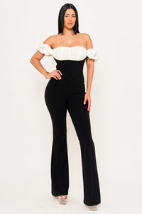 SATIN AND TECHNO CREPE FABRIC CONTRAST JUMPSUIT