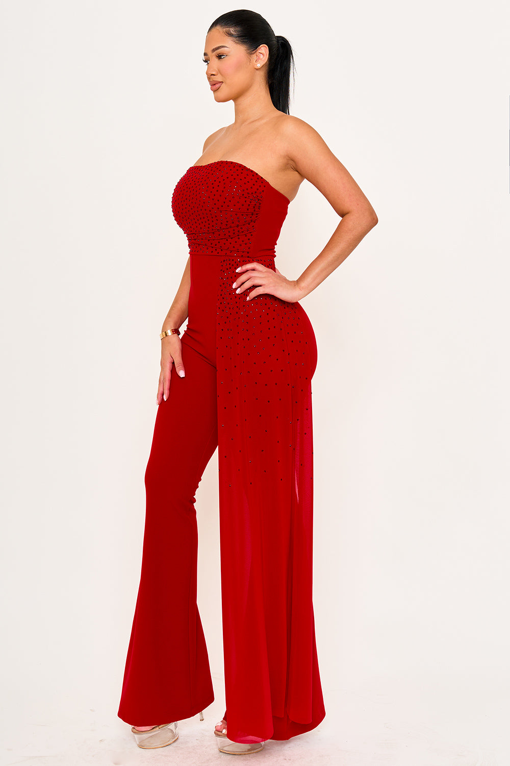 RHINESTONE ON MESH TUBE TOP JUMPSUIT