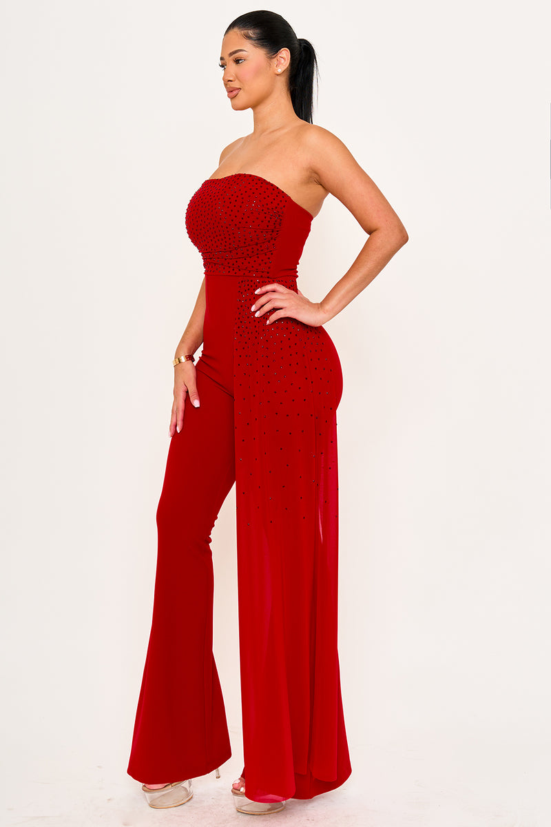RHINESTONE ON MESH TUBE TOP JUMPSUIT