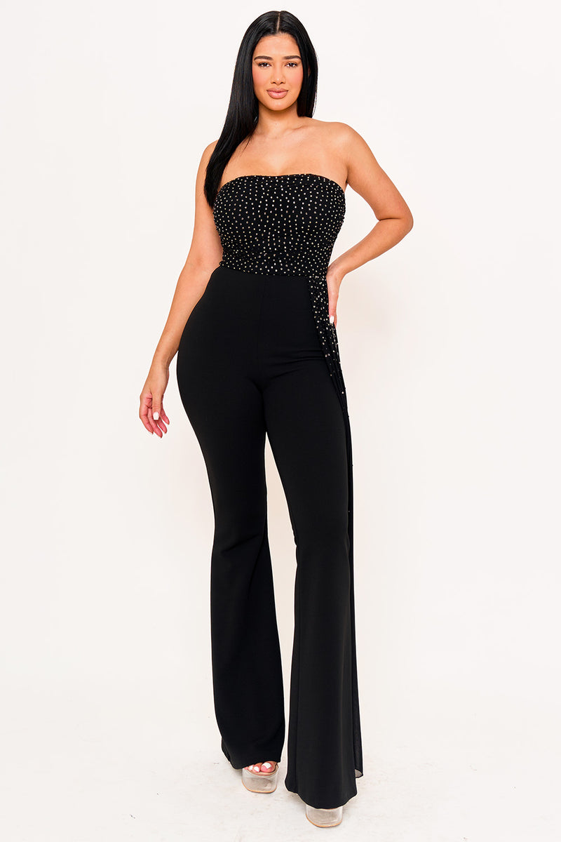 RHINESTONE ON MESH TUBE TOP JUMPSUIT
