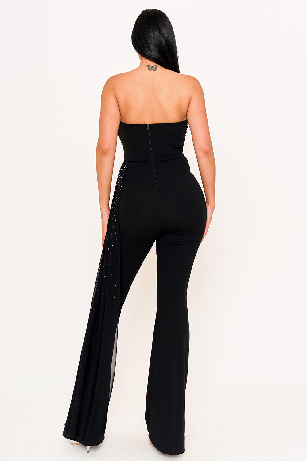 RHINESTONE ON MESH TUBE TOP JUMPSUIT