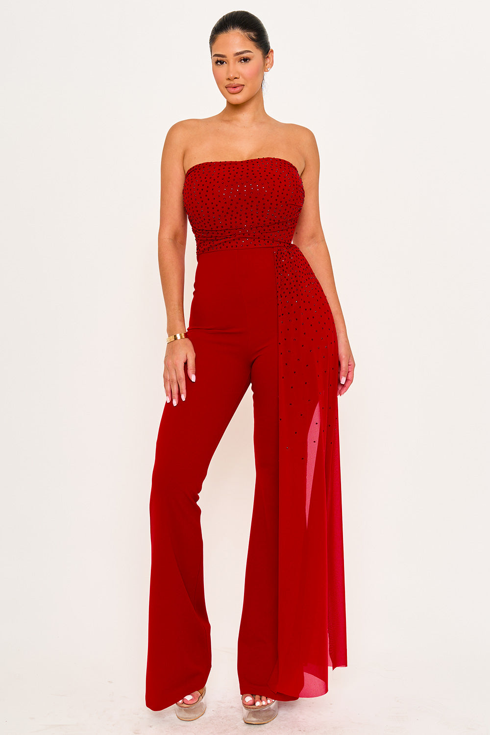 RHINESTONE ON MESH TUBE TOP JUMPSUIT
