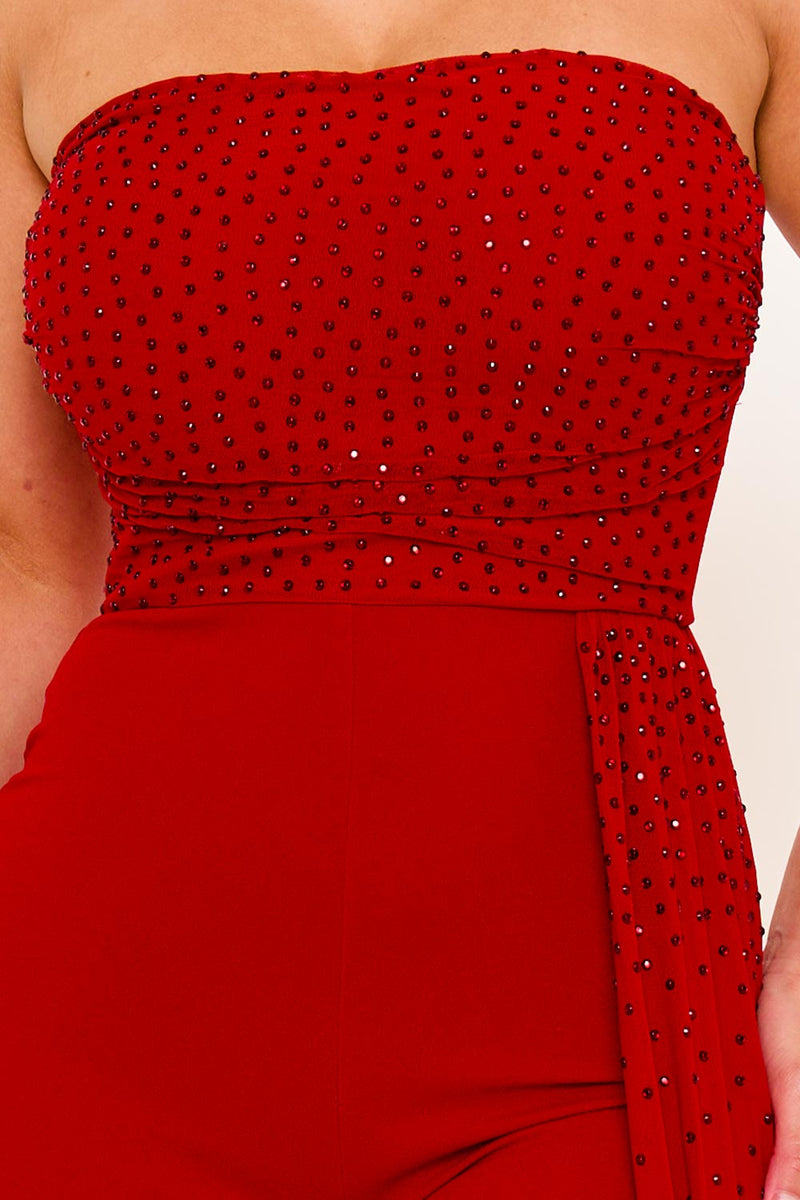 RHINESTONE ON MESH TUBE TOP JUMPSUIT