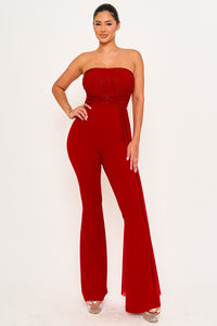 RHINESTONE ON MESH TUBE TOP JUMPSUIT