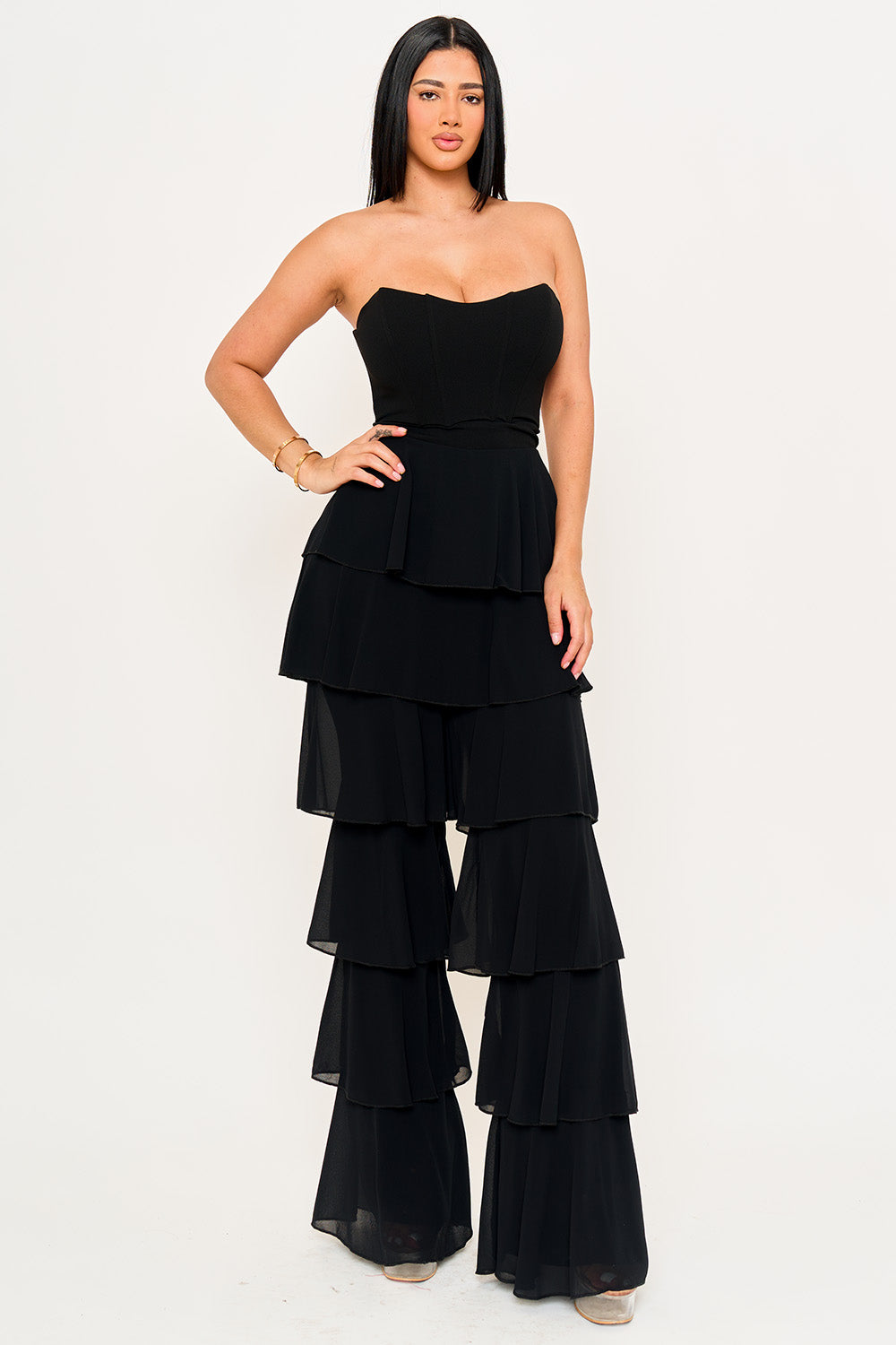TECHNO CREPE & CHIFFON CONTRAST JUMPSUIT