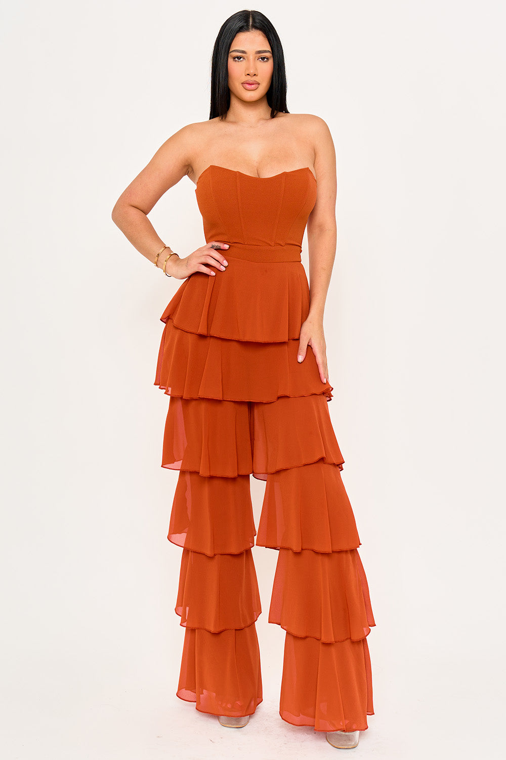 TECHNO CREPE & CHIFFON CONTRAST JUMPSUIT